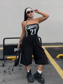 POPSWAY Plus Size Women Summer Outfit Set: Tube Top, Off-Shoulder Graphic Tee, And Lightweight Printed Jumpsuit With Loose Straight Leg, Casual Summer Slouchy Overalls - Black - View 1