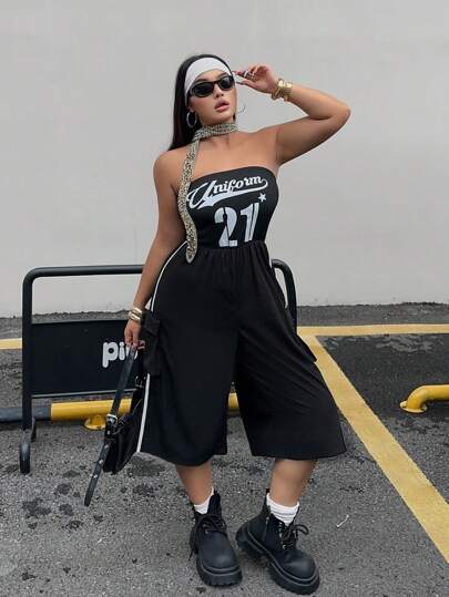 POPSWAY Plus Size Women Summer Outfit Set: Tube Top, Off-Shoulder Graphic Tee, And Lightweight Printed Jumpsuit With Loose Straight Leg, Casual Summer Slouchy Overalls