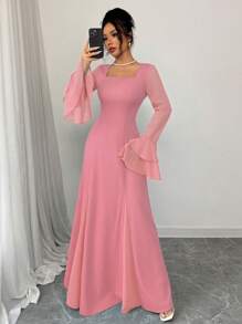 Rafferiza Blue Square Neck Layered Ruffle Sleeve Loose Midi Dress For Women Fall Cloth For Women - Pink - View 4