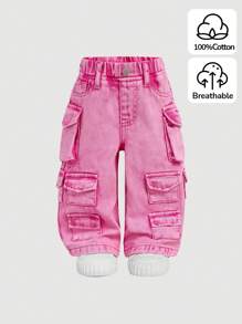 SHEIN 女婴 Y2K 宽松粉色牛仔工装裤，女童新年装，多个工装口袋，街头酷牛仔裤 - 粉色 - 查看 1