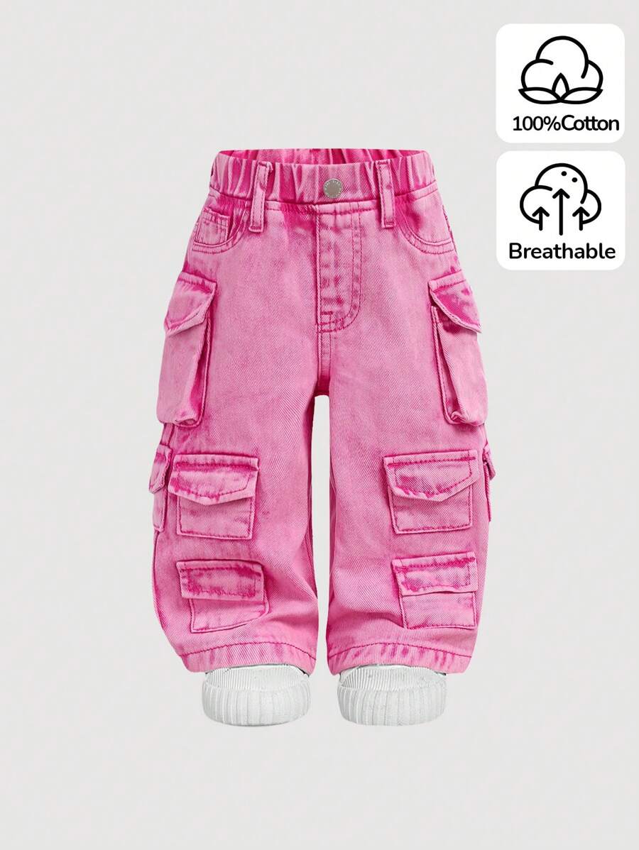 SHEIN 女婴 Y2K 宽松粉色牛仔工装裤，女童新年装，多个工装口袋，街头酷牛仔裤 - 粉色 - 查看 1