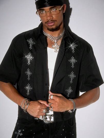 ROMWE Avant Camisa casual de hombre de verano con decoración de cruz de cristal y solapa única