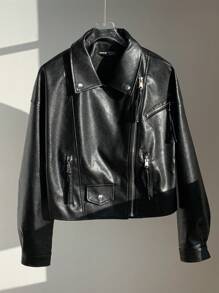 SHEIN EZwear Zip Pocket Flap Detail PU Biker Jacket - Black - View 6