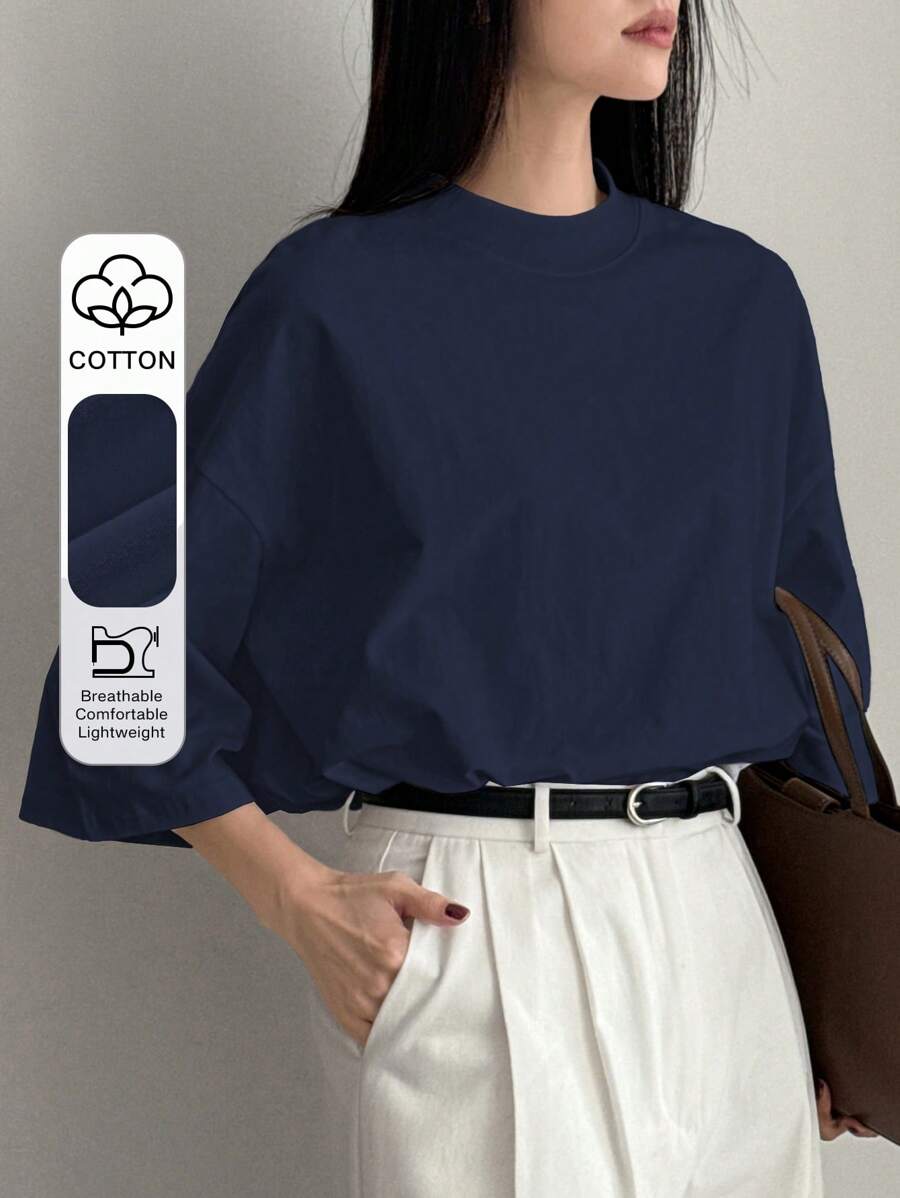 Dazy-Less Camiseta de manga corta de cuello alto, de unicolor, minimalista y de uso informal para oficina, para mujer