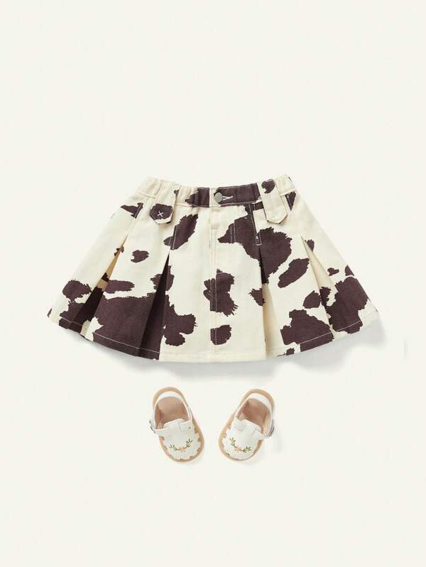 SHEIN Falda vaquera corta plisada informal con bloqueo de colores y estampado de vaca, para niña, ideal para el verano