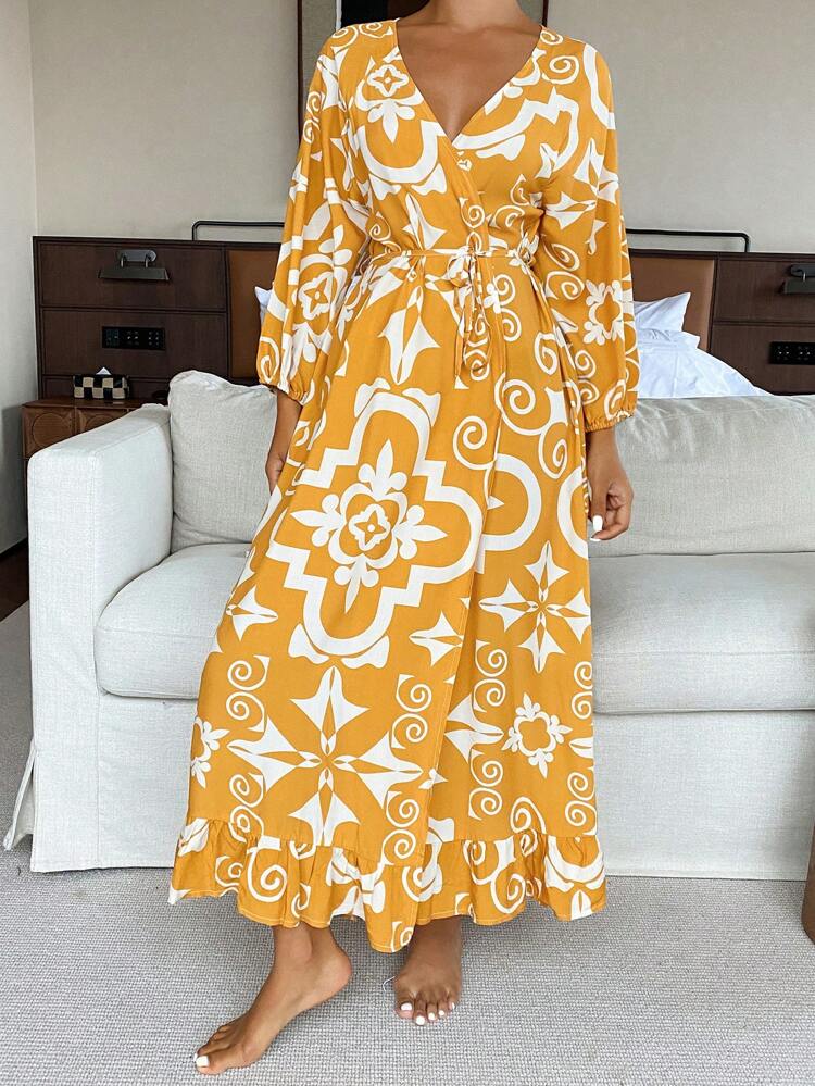Beach Resort Style Floral Print Lantern Sleeve Wrap Around Women Robe Pajama