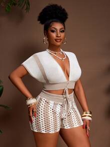 Slaydiva 2-Piece Plus Size Crochet Set: Plunging V-Neck Tie Cropped Top And Form-Fitting Crochet Shorts, Colorblock Striped, For Spring/Summer Vacation - Multicolor - View 5