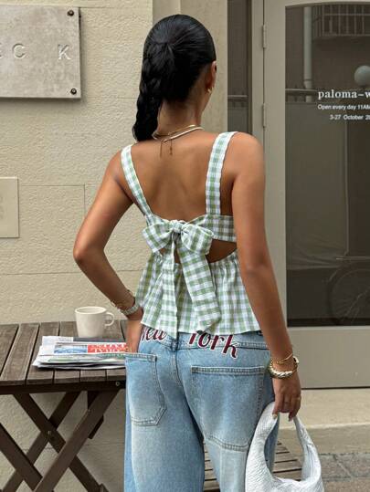 Serisse Plaid Print Ruffle Hem Tie Up Backless Cami Top