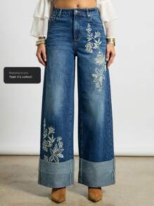 AiiRZ Wide Leg Embroidered Jeans High Waist Floral Bohemian Denim Pants Retro Festival Deep Cuff Turn Up Bottom Comfortable Loose Fit Casual Holiday Summer - Blue - View 1