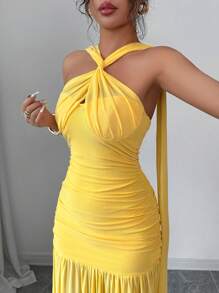 Selianne 女士夏季纯色度假连衣裙，黄色吊带美人鱼紧身连衣裙 - 黃色 - 查看 5