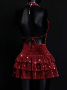 SHEIN ICON Silver Graduation Summer Party Backless Deep V Halter Back Cut-Out Metallic Ruffled Hem Mini Dress