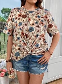 SHEIN LUNE Maglietta casual estiva da donna taglie forti, con stampa leopardata, manica corta, orlo con twist incrociato