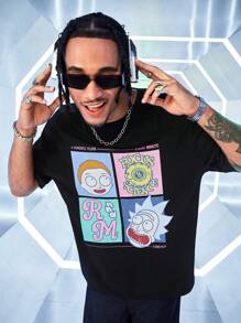 Rick and Morty X SHEIN Men's Summer Casual Funny Cartoon Character & Letter Graphic Dropped Shoulder Loose T-Shirt - Black - View 1
