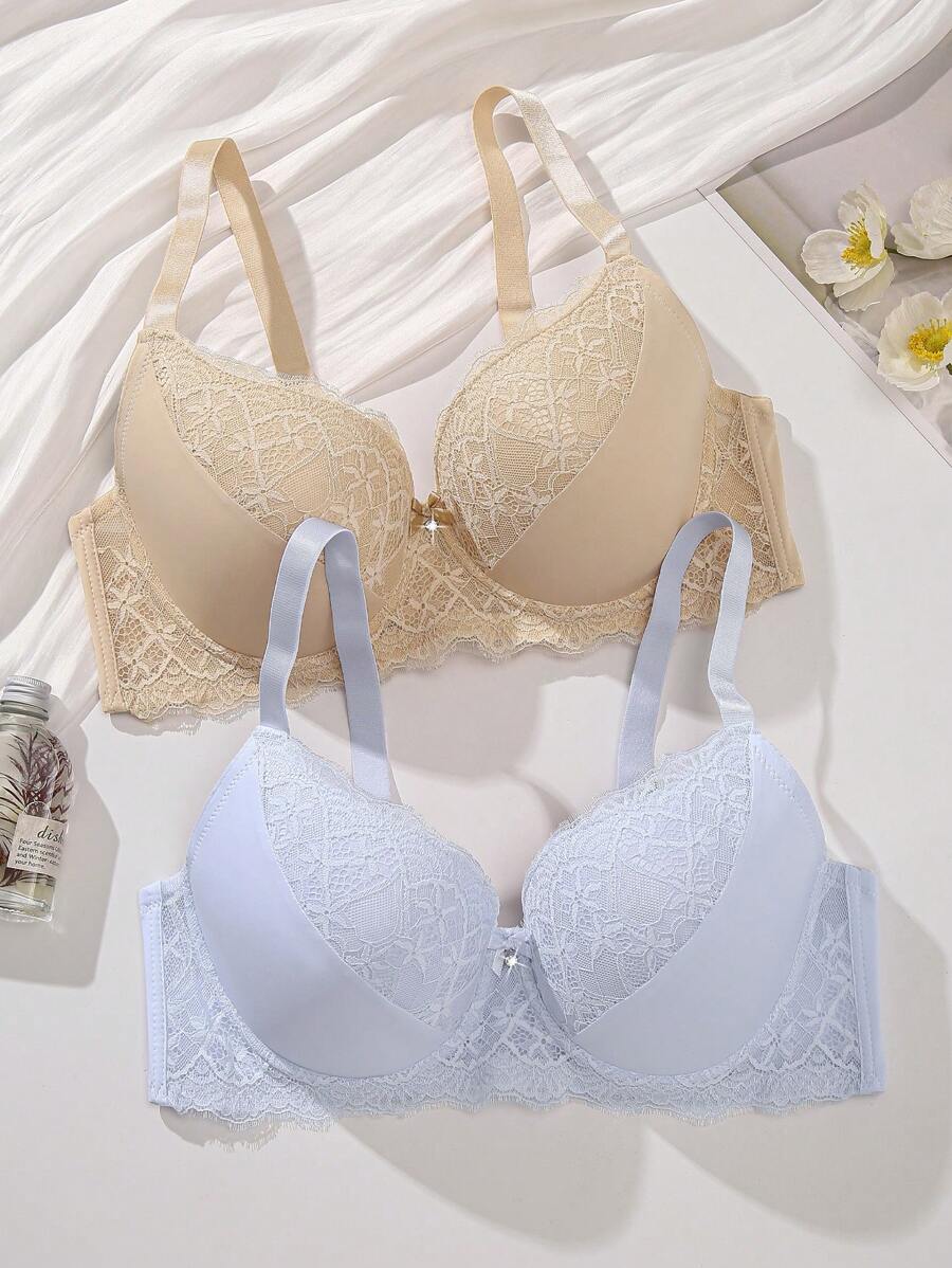 2 件套大码女士婚礼蕾丝拼接简约无钢圈可调节聚拢文胸