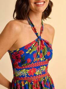 CAJUNI Vestido mini de línea A con cintura hueca, estampado floral tropical bohemio de resort para mujer, Estilo cabaña Casual de Verano