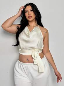 Firerie Plus Size Women's Spring Elegant Romantic Fashion Office Sexy Stylish Casual Dress Suitable For Party, Vacation, Date, Wedding, Birthday, Draped Neck Backless Tie Front Blouse - Apricot - View 6