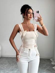 Selianne Nuevo estilo de body de mujer con lazo, diseño fruncido de cintura con cordón, body elegante de ajuste ceñido - Albaricoque - Ver 7