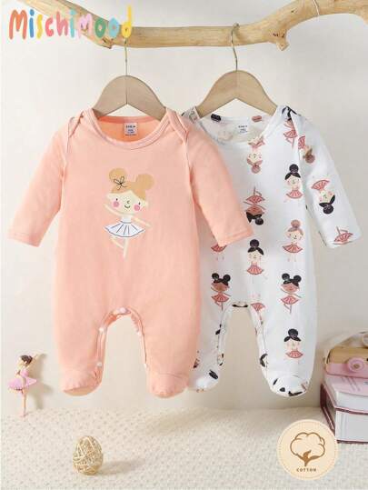 SHEIN 2 件套新生女婴可爱芭蕾女孩印花长袖长款连体衣家居服，粉色系列