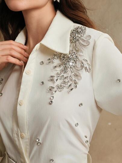 Anewsta Women's Apricot High-End Sequined 3D Floral Detail Embellished Dress Shirt