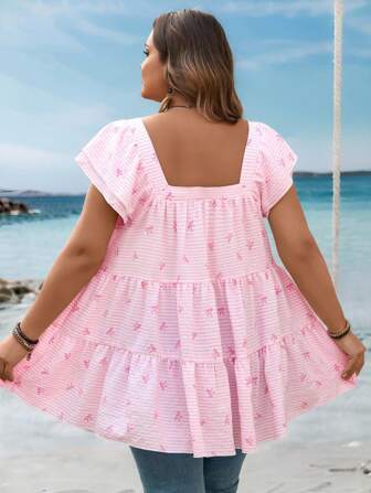 SHEIN CURVE+ 大码条纹和蝴蝶结印花荷叶边下摆方领衬衫 女士沙滩装/沙滩/沙滩度假装/沙滩必备品/毕业/茶会夏季/乡村/沙滩度假装/沙滩装/沙滩装