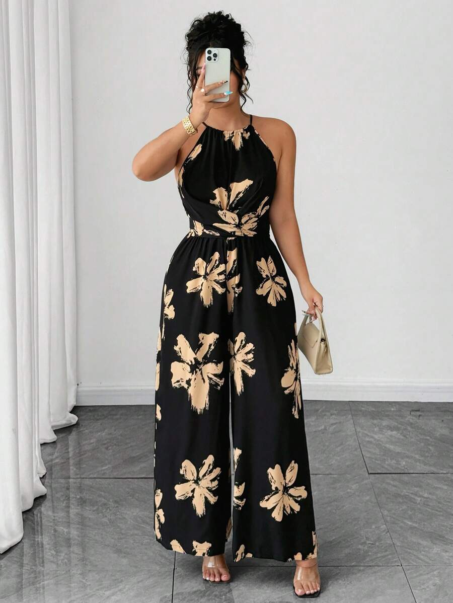 Elenzga Plus Size Women's Floral All-Over Print Sleeveless Casual Jumpsuit, Summer