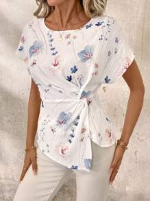 SHEIN Clasi 女士花卉印花圆领短袖腰衬衫裙，适合度假穿着 - 白色 - 查看 3