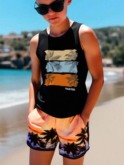 SHEIN Tween Boy Fashion Simple Chic Cool Beach Holiday Sunset Color Block Palm Tree Shadow Pattern Printed Sleeveless Tank Top, Suitable For Summer, Beach, Vacation, Outdoor