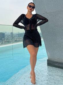 DAZY Bộ bikini nữ ánh kim lấp lánh mới, trang phục dự tiệc và đi biển thanh lịch. - màu đen - Xem 3