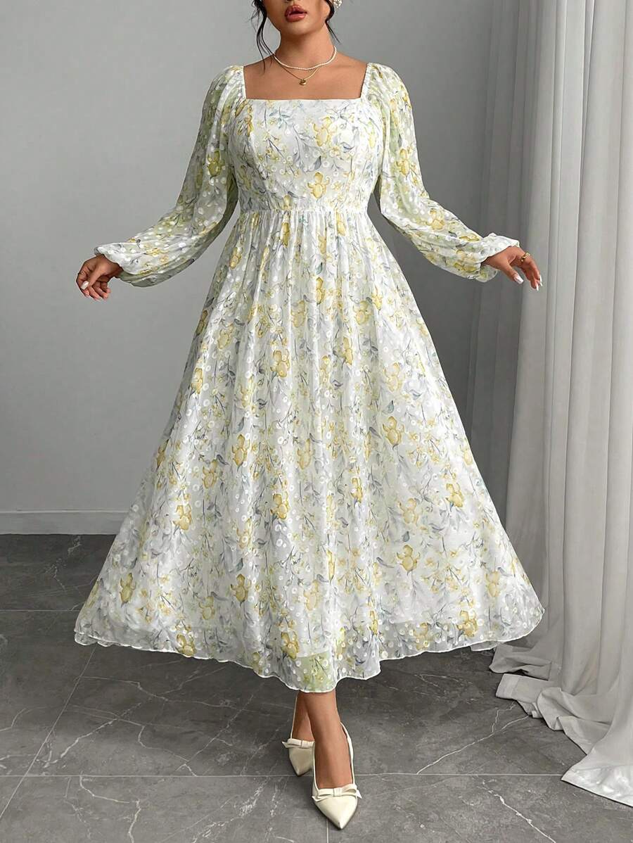 Modelyn 大码女式春装度假花卉印花方领灯笼袖收腰瑞士圆点长裙 - 黃色 - 查看 1