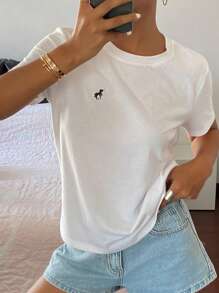 Livesso Women's Summer Round Neck Fitted Tee With Embroidered Decor, Casual Unisex Urban Style Short Sleeve T-Shirt