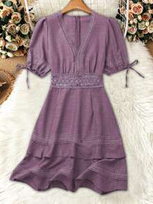 Breezaya Women's Solid Color V-Neck Ruffled Trim Puff Sleeve Waisted Summer Dress