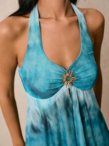 Poéselle 女士网纱印花金属纽扣装饰不对称下摆蓝色吊带上衣，夏季度假风蜡染印花金属装饰露背吊带无袖开衩下摆上衣，夏季可爱沙滩度假乡村街头风Y2K - 藍色 - 查看 6