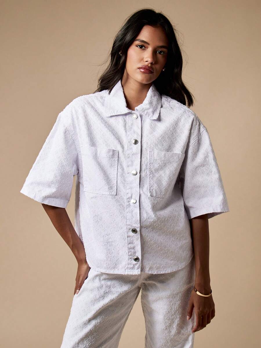 MISSGUIDED 牛仔夏季超大号纽扣衬衫夹克棉质纹理短款宽松领口节日度假装