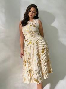 Firerie Conjunto de top sin mangas con cuello redondo y falda plisada holgada con estampado aleatorio de lámina de oro elegante y casual para vacaciones en talla grande, para primavera/verano