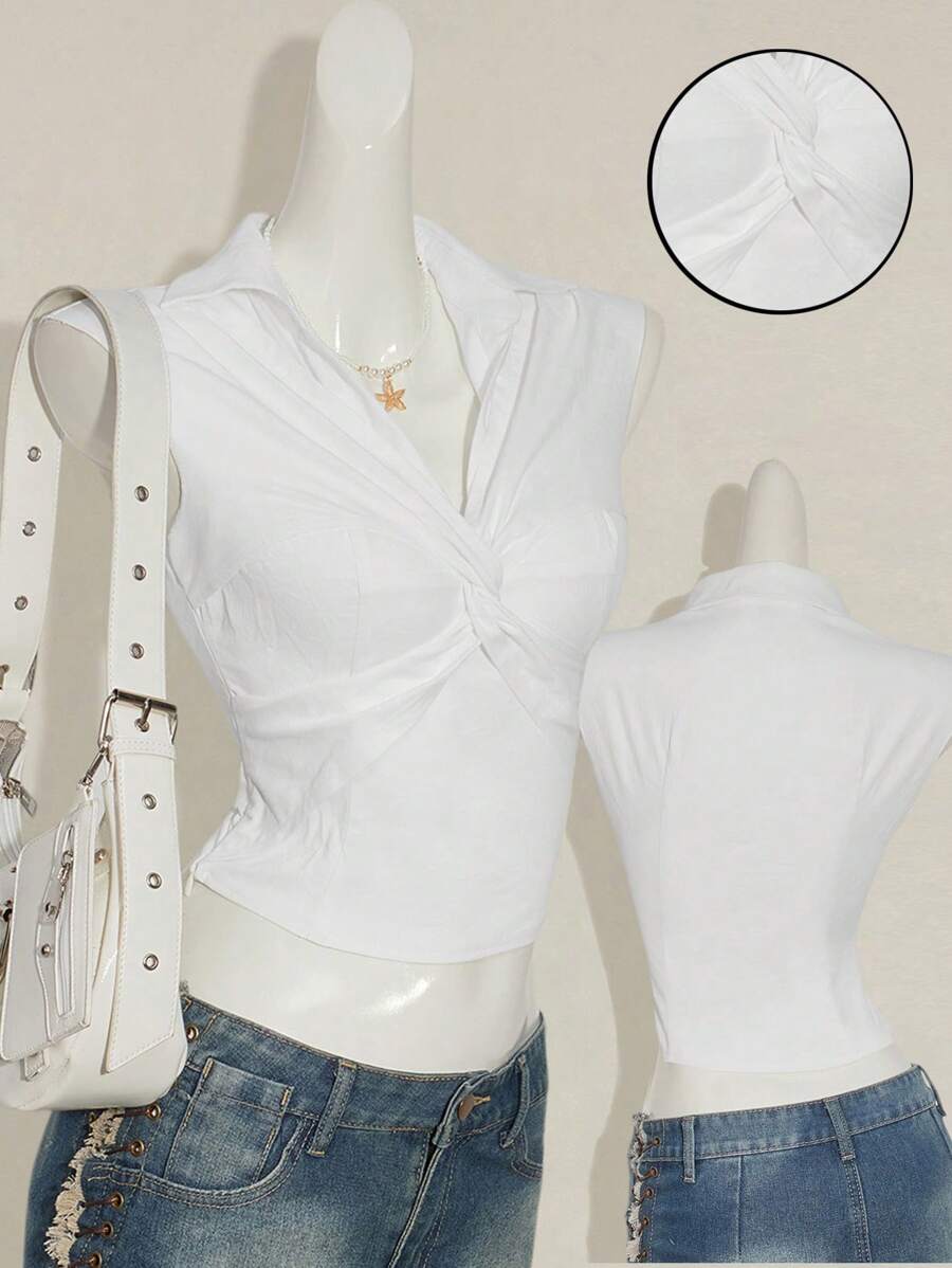 SHEIN ICON Women's White Twist Front V-Neck Fitted Cropped Shirt - White - View 1