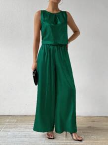 SHEIN Unity 女士时尚金属色长裤两件套新年节日派对服装 - 綠色 - 查看 5