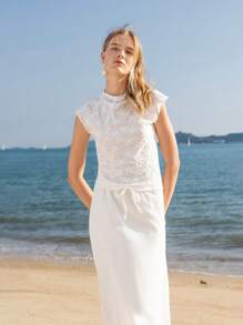 Lumivelle 女士休闲纹理针织修身立领T恤 - 白色 - 查看 6