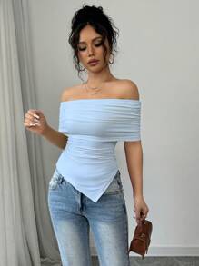 Calvaya Women's Elegant One Shoulder Ruffle Hem Slim Fit T-Shirt, Spring/Summer