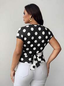 SHEIN Unity Plus Size Women Contrast Color Polka Dot Print Wrap Short Sleeve Top - Black and White - View 2