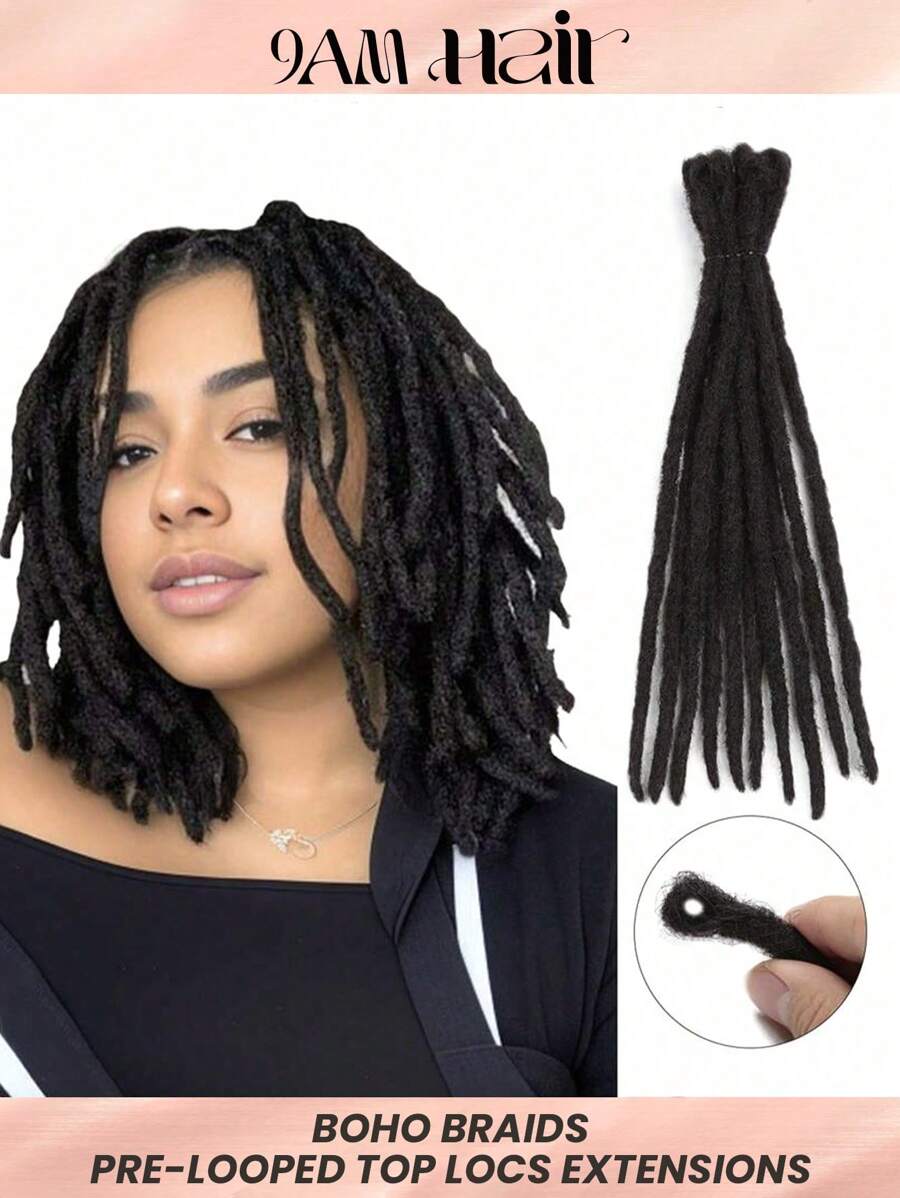 Tóc tết dreadlocks dài 8-14 inch 100% tóc thật Tóc tết dreadlocks dài vĩnh viễn cho nam và nữ (màu đen) Tóc tết không thắt nút bằng tóc thật kiểu Boho - S1 - Xem 1