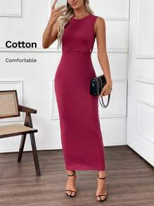 SHEIN LUNE Vestido de fiesta de verano para mujer, ajustado y de un solo color, sin mangas - Rojo - Ver 1