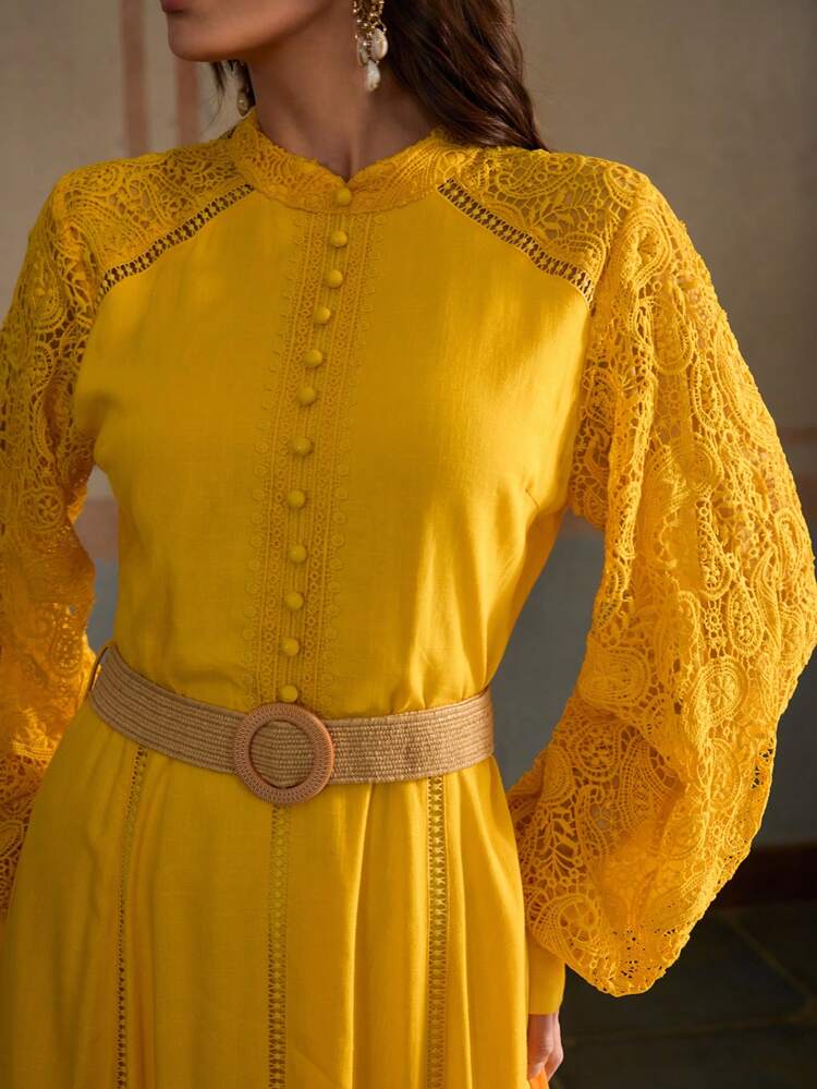 ZEYLAH Elegant Summer Linen Contrast Lace Lantern Sleeve Dress