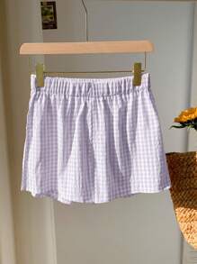 Comfortcana Lila karierte Weit-Bein Hose in Große Größen, locker geschnitten, Lässig & Urlaubsstil für den Sommer