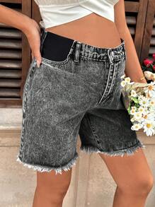 SHEIN Pregnant Women Dark Grey Raw Edge Skinny Denim Shorts - Black - View 5