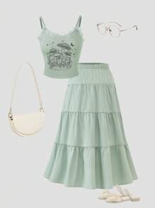 Girls' Retro Music Festival Lace Trim Cami Top And A-Line Ruffled Skirt Set, Vintage Style Outfit Set Skirt Sets Outfit For Girls - Army Green - View 1