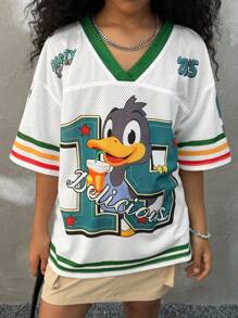 Coolane Kids Tween Girls Summer Loose Knit V-Neck Cartoon Letter Print Drop Shoulder T-Shirt ,Back To School,Parent-Child Clothing,Jersey T-Shirt - Army Green - View 3