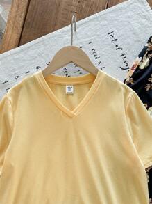 Conjunto de 2 piezas de niña preadolescente con camiseta de manga corta con cuello en V minimalista y conjunto de pijama informal con estampado floral retro