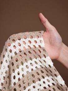 Slaydiva 2-Piece Plus Size Crochet Set: Plunging V-Neck Tie Cropped Top And Form-Fitting Crochet Shorts, Colorblock Striped, For Spring/Summer Vacation - Multicolor - View 9