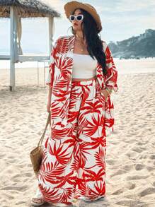 SHEIN VCAY Conjunto de 2 piezas de camisa y pantalón con estampado de hojas, talla grande, adecuado para vacaciones