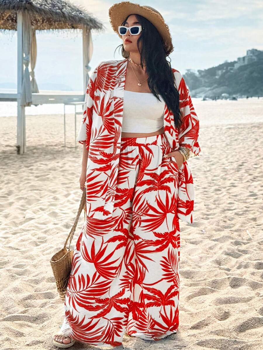 SHEIN VCAY Conjunto de 2 piezas de camisa y pantalón con estampado de hojas, talla grande, adecuado para vacaciones
